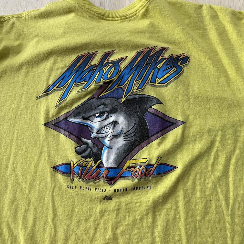 Vintage Kill Devil Hills Shark Shirt Mens 2XL Yellow Killer Food Tee T-Shirt